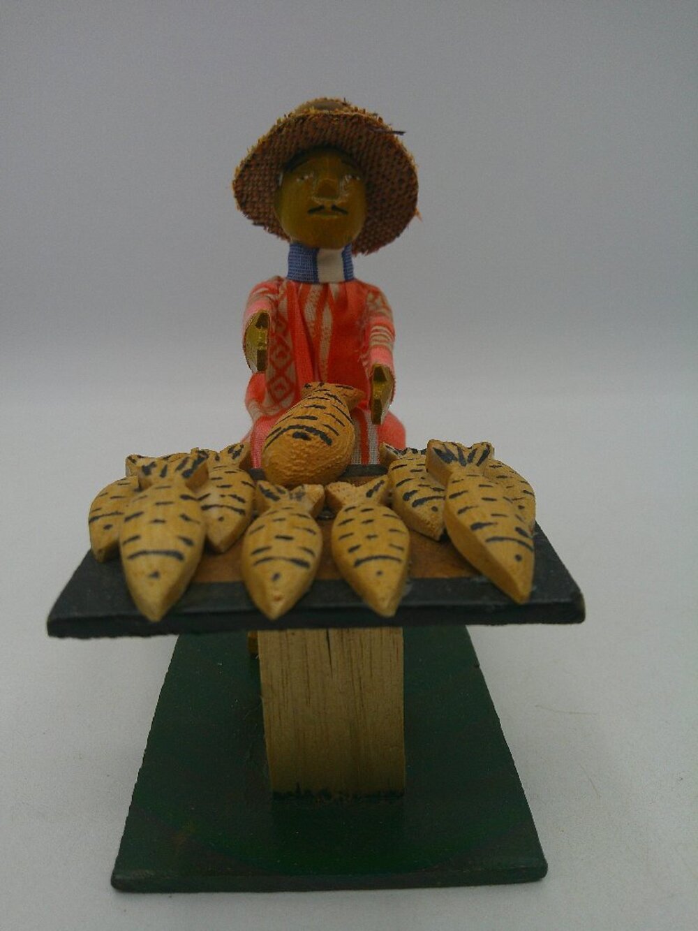 Vintage Art Hand Carved Wooden Statues Peru Fishmonger H 4"